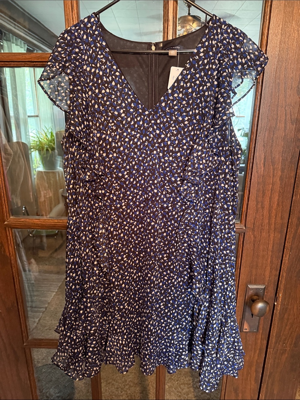 Tommy Hilfiger Blue Abstract Print Flutter Sleeve Ruffle Dress Size 20W Feminine